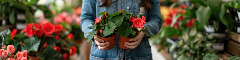 Woman holding two pots with Elatior Begonia in a nursery store Woman holding two pots with Elatior Begonia in a nursery store