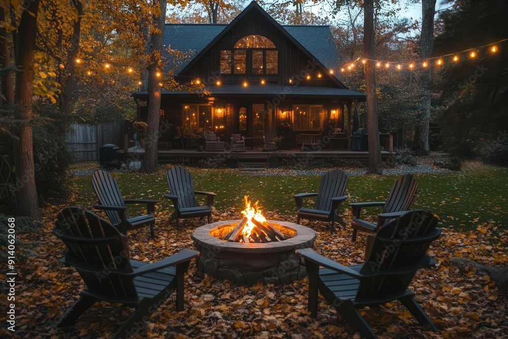 cozy backyard gathering around a rustic fire pit at twilight warm glow illuminates friends in adirondack chairs autumn leaves scatter the lawn string lights twinkle overhead cozy backyard gathering around a rustic fire pit at twilight warm glow illuminates friends in adirondack chairs autumn leaves scatter the lawn string lights twinkle overhead