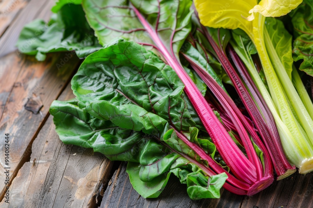 Fototapeta premium Close up of fresh raw chard leaves on wooden table
