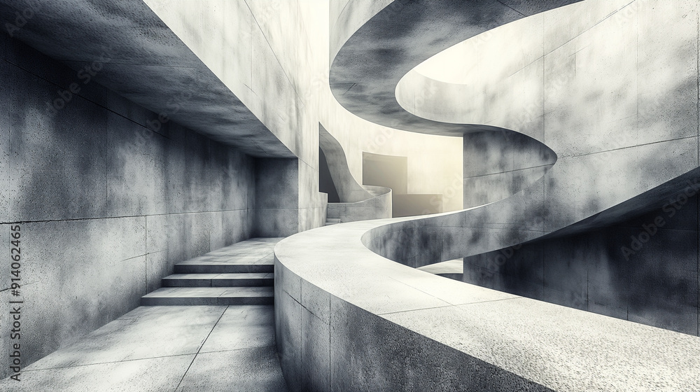 A complex arrangement of abstract concrete staircases winds through an ethereal, luminous environment. The light filters through an undefined source, highlighting unique architectural shapes. A complex arrangement of abstract concrete staircases winds through an ethereal, luminous environment. The light filters through an undefined source, highlighting unique architectural shapes.