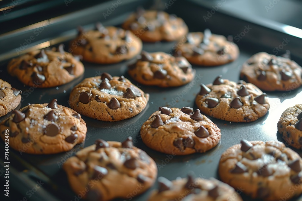 Close up of freshly baked chocolate chip cookies on a pan Close up of freshly baked chocolate chip cookies on a pan