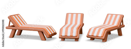 3D beach lounger in different positions. Folding striped furniture for pool