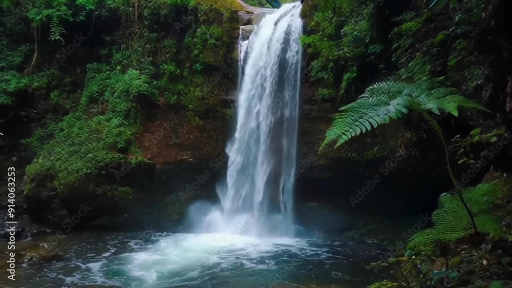 A serene waterfall cascading through lush green foliage A serene waterfall cascading through lush green foliage