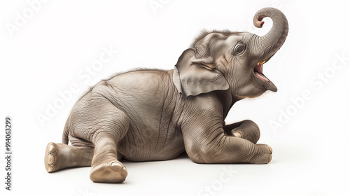 Cute baby elephant lying down and laughing, side view, white background 