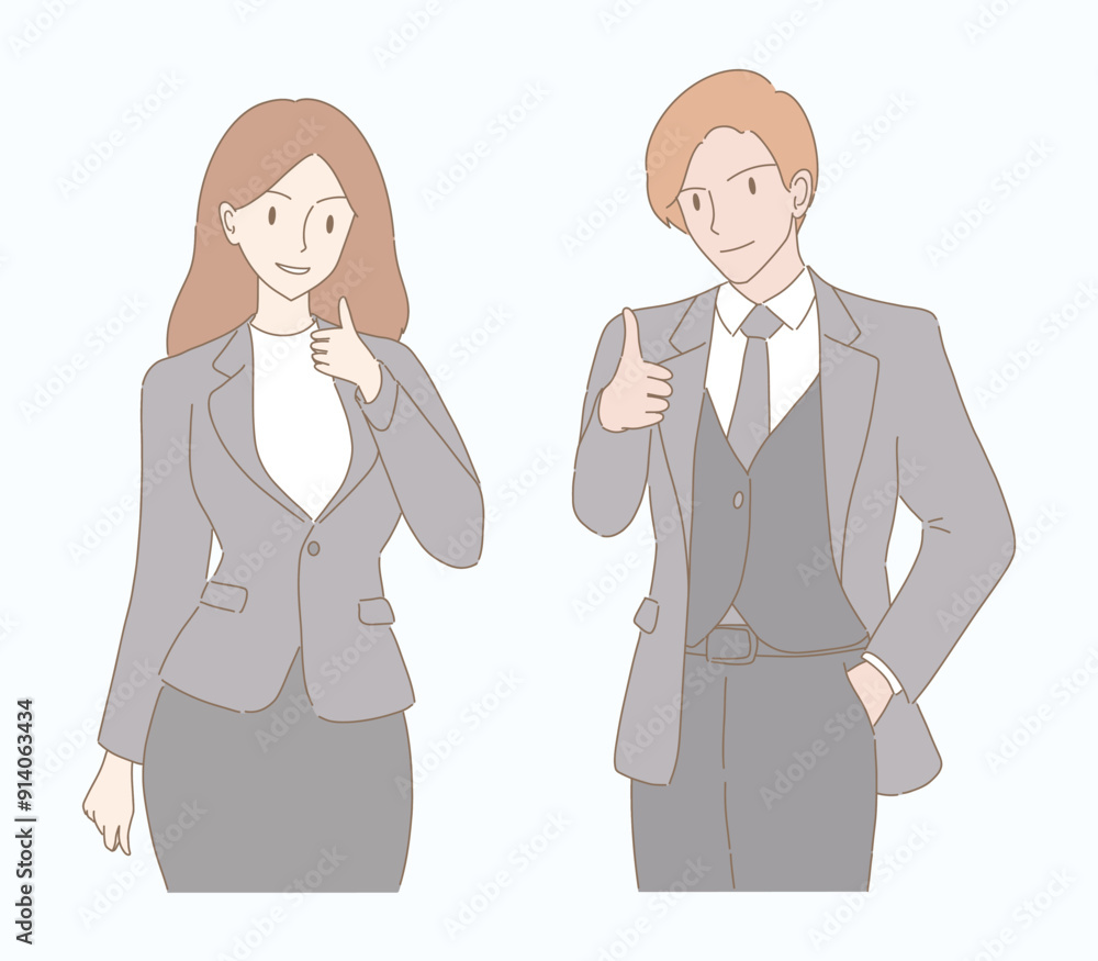 Businesswoman showing thumb up. Businessman standing with hands in pockets. Hand drawn flat cartoon character vector illustration. Businesswoman showing thumb up. Businessman standing with hands in pockets. Hand drawn flat cartoon character vector illustration.