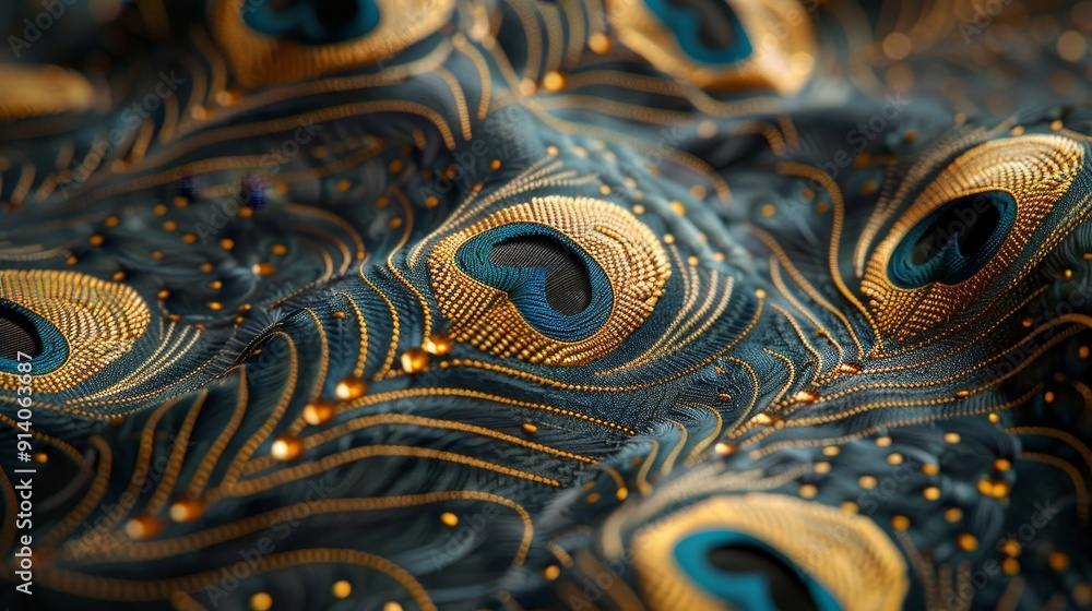 A high-resolution photograph of peacock feathers blended seamlessly with luxury crochet materials, designed as an empty wallpaper A high-resolution photograph of peacock feathers blended seamlessly with luxury crochet materials, designed as an empty wallpaper