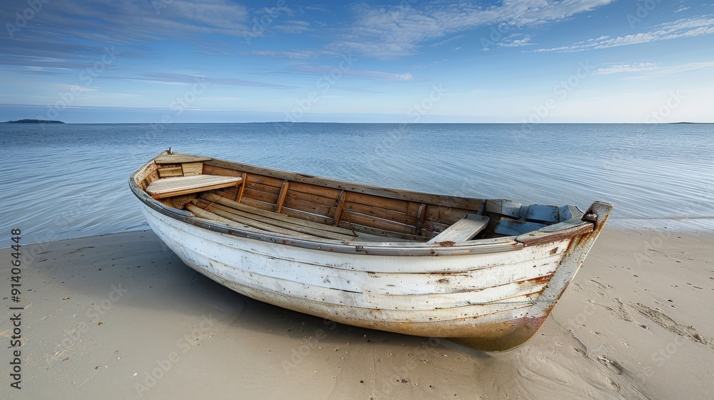 Old wooden fishing boat, paint chipped, lying on a sandy shore Old wooden fishing boat, paint chipped, lying on a sandy shore