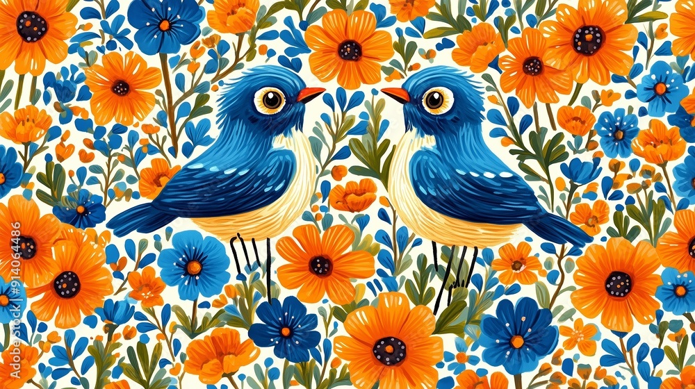 A colorful illustration featuring two charming blue and orange birds surrounded by a lively floral pattern. A colorful illustration featuring two charming blue and orange birds surrounded by a lively floral pattern.