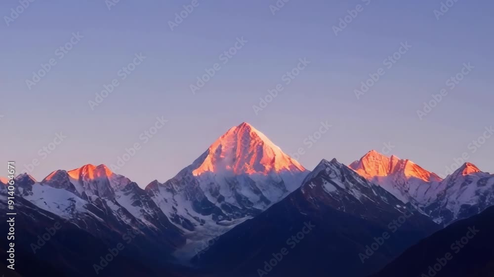 Majestic mountain peaks bathed in sunset hues, showcasing natural beauty Majestic mountain peaks bathed in sunset hues, showcasing natural beauty