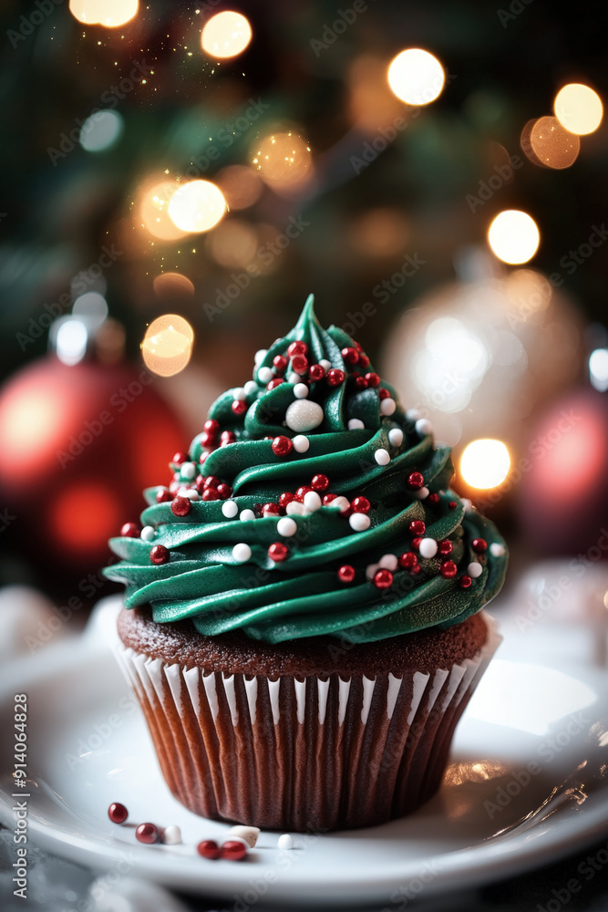 Chocolate cupcake with green icing and colorful sprinkles, resembling a christmas tree, on a white plate with christmas lights in the background Chocolate cupcake with green icing and colorful sprinkles, resembling a christmas tree, on a white plate with christmas lights in the background