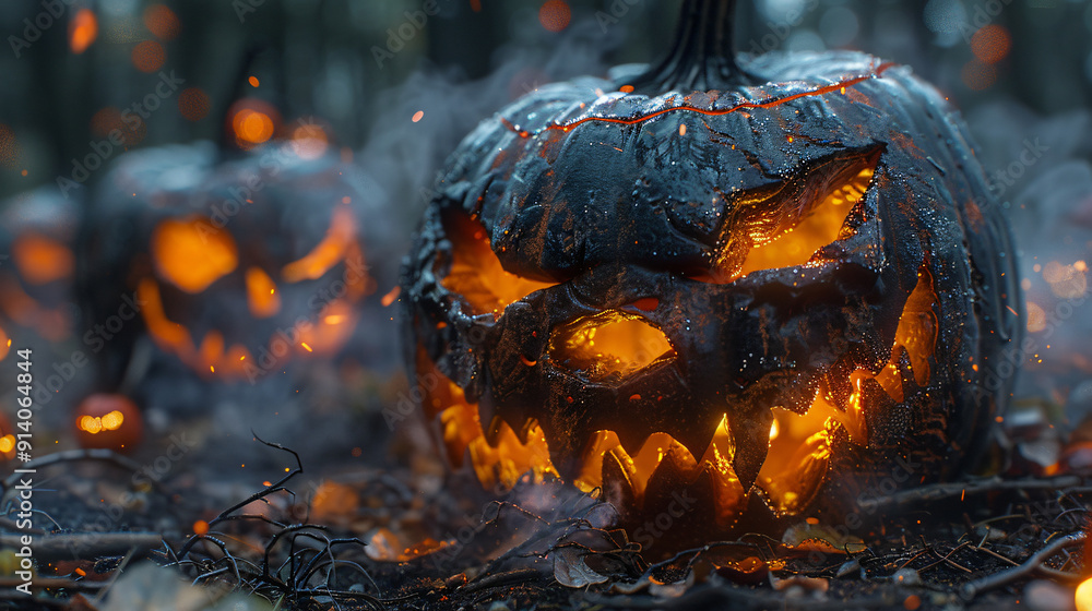 A spooky Halloween scene featuring menacing carved pumpkins with glowing faces, set against a misty forest background, evoking a thrilling atmosphere. A spooky Halloween scene featuring menacing carved pumpkins with glowing faces, set against a misty forest background, evoking a thrilling atmosphere.