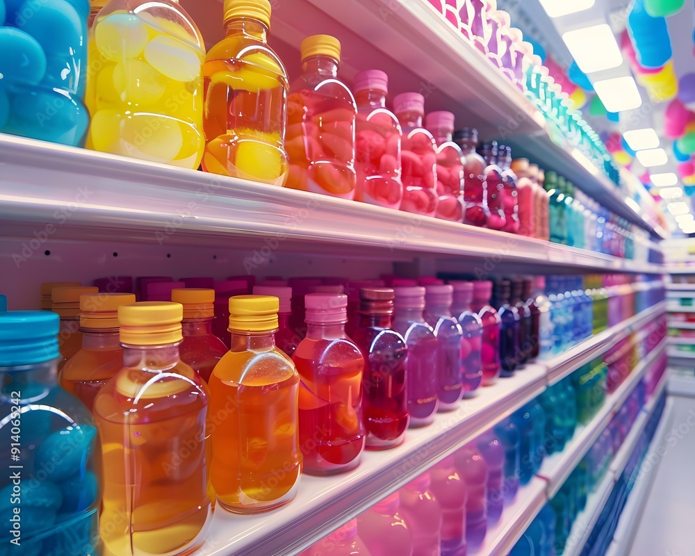 A colorful display of bottles on shelves in a grocery store, showcasing a variety of beverages. A colorful display of bottles on shelves in a grocery store, showcasing a variety of beverages.