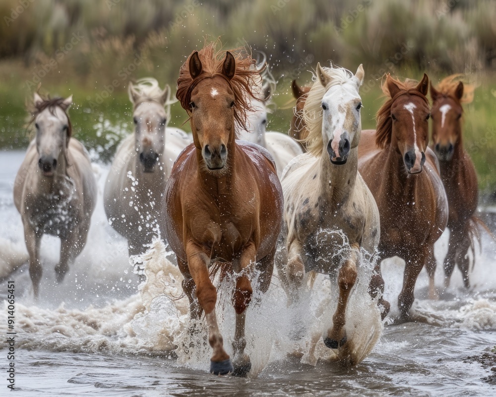 A herd of wild mustang horses gallop rustically at a powerful gallop across a shallow river A herd of wild mustang horses gallop rustically at a powerful gallop across a shallow river