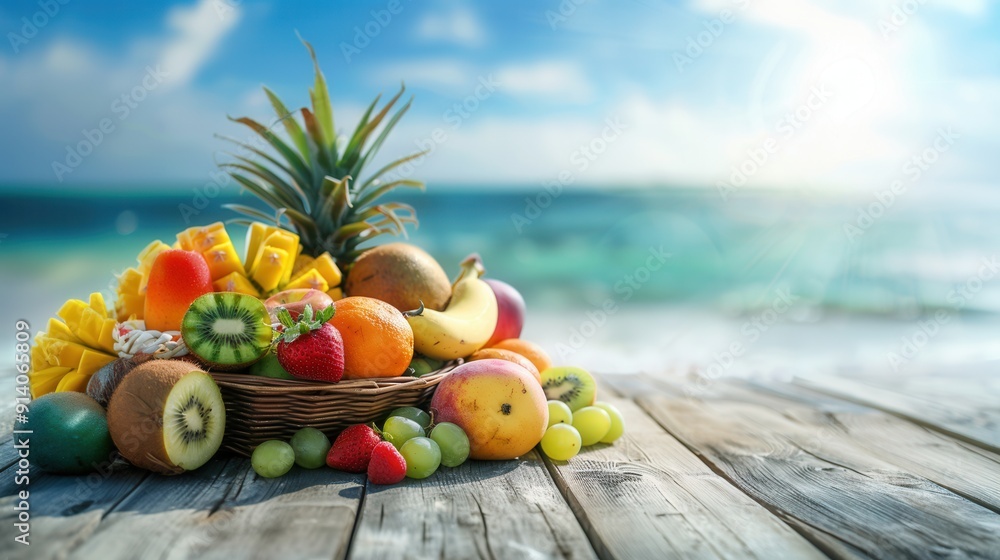 Fresh pineapple and summer fruits in basket on wooden table at beach with blue sea Fresh pineapple and summer fruits in basket on wooden table at beach with blue sea