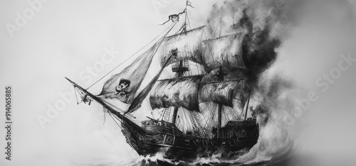 A Dramatic Black and White Illustration of a Tall Ship Sailing Through Turbulent Waters