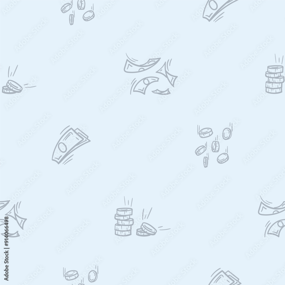 Fototapeta premium Light seamless pattern with attributes of money, wealth, business and finance. Simple vector illustration with repeating icons of paper money, flying bills, coins and gold