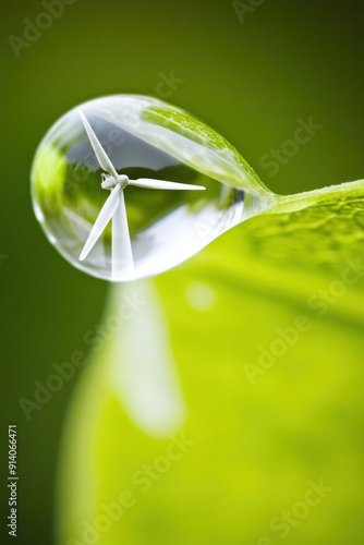 Macro Water Droplet on Leaf, sustainable energy solutions, green technology, environmental harmony, renewable resources, ecological balance, climate action, nature and innovation, clean energy future, photo