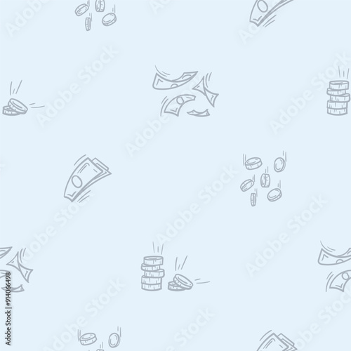 Light seamless pattern with attributes of money, wealth, business and finance. Simple vector illustration with repeating icons of paper money, flying bills, coins and gold