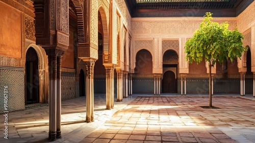 Courtyard of the beautifully restored Ben Youssef Medersa. It is the largest theological school in Morocco. Marrakech photo