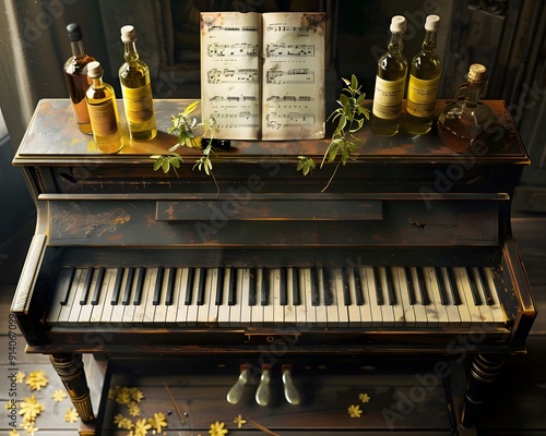 An antique piano with a vintage sheet music book and bottles of liquor.  A few fallen leaves rest on the wooden floor. photo