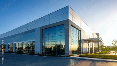 Large modern warehouse exterior with metal cladding and large windows, set against the backdrop of clear sky. Logistics distribution center, Retail warehouse. Ai Footage.