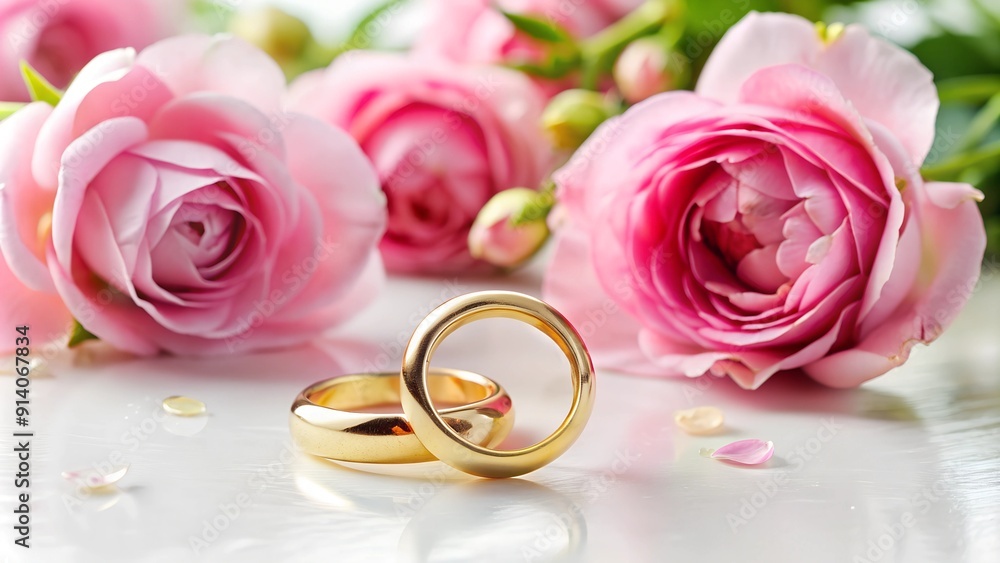 Pink flowers and two golden wedding rings on a white background Pink flowers and two golden wedding rings on a white background