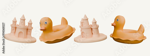 3D sand castle and inflatable duck ring. Items for children summer games on coast