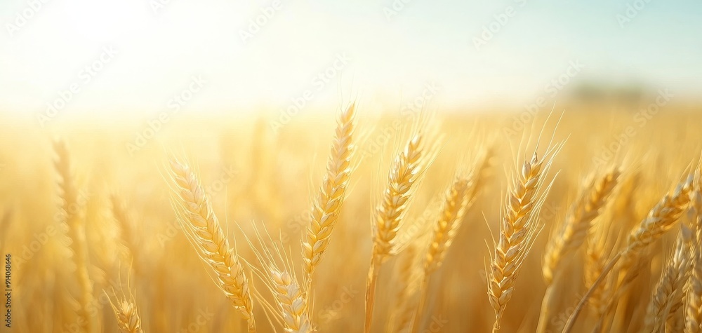 Fototapeta premium Golden wheat field under a bright and clear sky, basking in warm sunlight, depicting the beauty of nature and agricultural bounty.