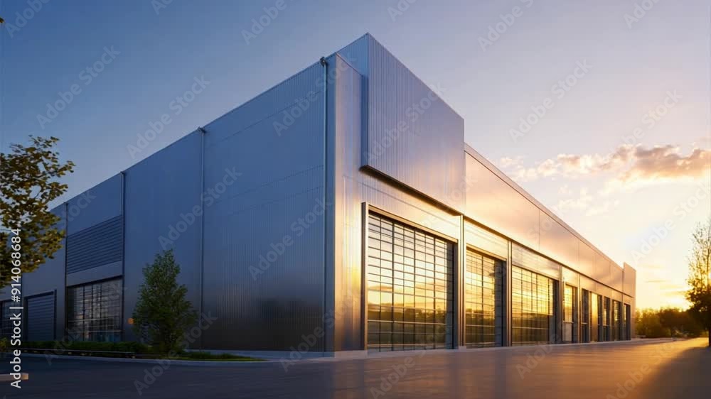 Large modern warehouse exterior with metal cladding and large windows, set against the backdrop of clear sky. Logistics distribution center, Retail warehouse. Ai Footage.