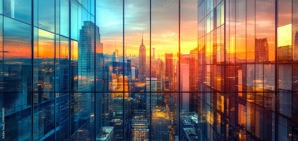 Stunning urban skyline at sunset, reflecting in glass skyscraper windows, capturing the vibrant colors of the city and architectural beauty. Stunning urban skyline at sunset, reflecting in glass skyscraper windows, capturing the vibrant colors of the city and architectural beauty.