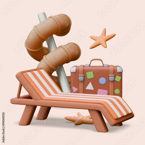 Luxury vacation at resort. Empty realistic striped lounge, tourist suitcase, starfish, water slide