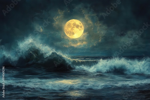 dreamy moonlit beach scene fantasystyle crashing wave ethereal colors fairytale atmosphere painterly digital illustration photo