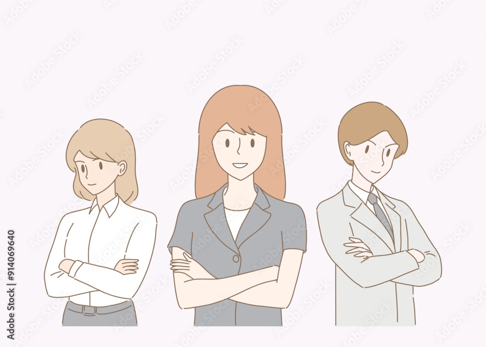Group of business people standing, crossed arms. Hand drawn flat cartoon character vector illustration. Group of business people standing, crossed arms. Hand drawn flat cartoon character vector illustration.