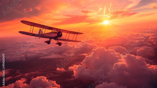 Vintage Biplane Soaring Through Vibrant Sunset Sky with Golden Glow