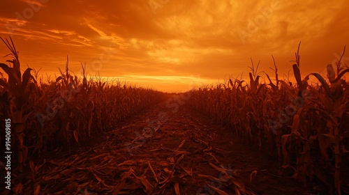 Dead corn under an orange sky, capturing the eerie silence of a once thriving agriculture crippled by climate change photo