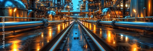 Industrial Piping System with Illuminated Walkway