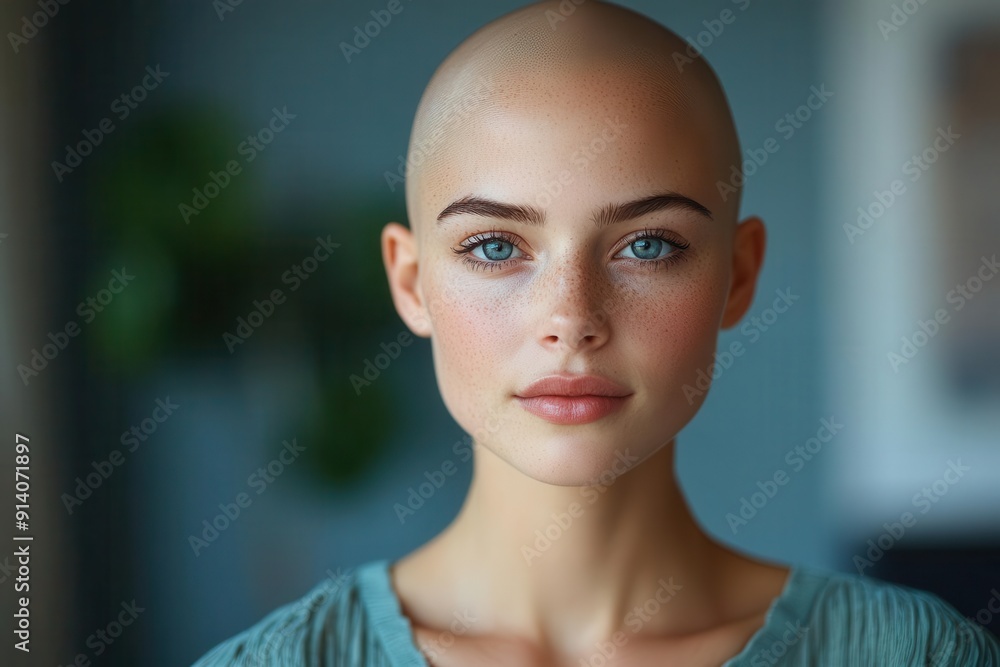 elegant bald woman with striking features soft lighting enhancing smooth skin serene expression emphasizing beauty beyond conventional standards elegant bald woman with striking features soft lighting enhancing smooth skin serene expression emphasizing beauty beyond conventional standards