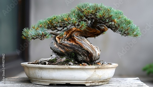 A bonsai in Slanting style, with its trunk growing at an angle photo