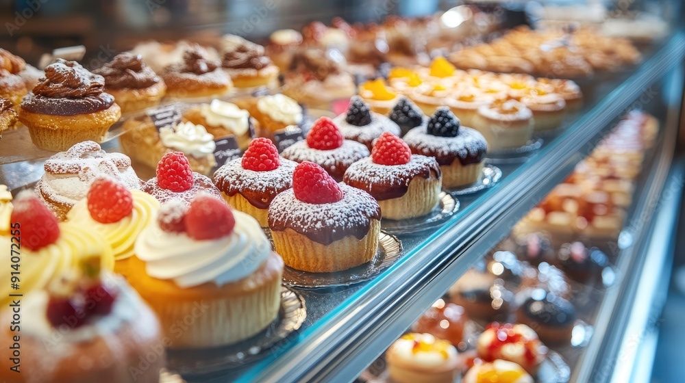 A display case in a bakery, filled with an assortment of colorful and delicious pastries, ready to tempt customers. A display case in a bakery, filled with an assortment of colorful and delicious pastries, ready to tempt customers.