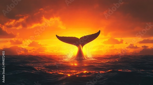 Wallpaper Mural A dramatic view of a whale's tail as it dives into the depths, with the sun setting on the horizon, creating a breathtaking silhouette. Torontodigital.ca