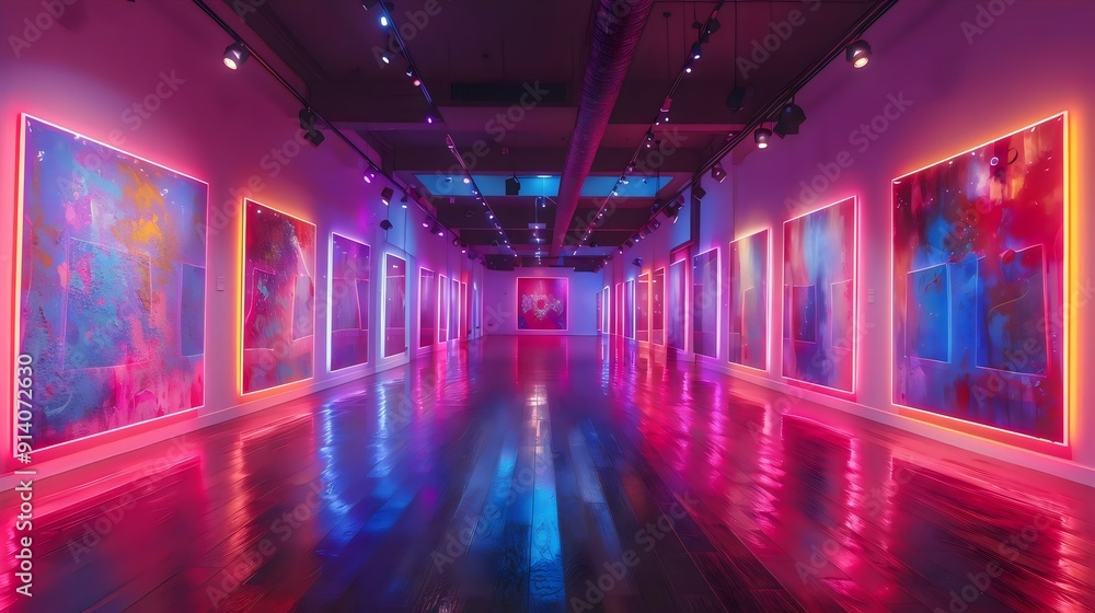 A long hallway with many paintings on the wall A long hallway with many paintings on the wall