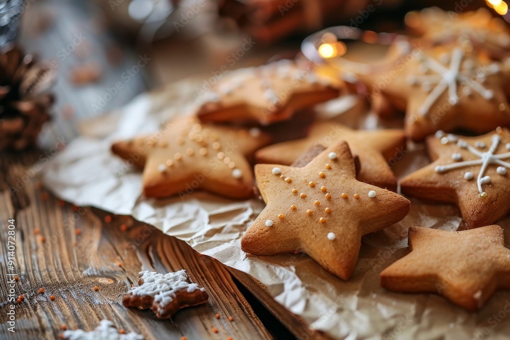 Homemade gingerbread stars on rustic table Homemade gingerbread stars on rustic table
