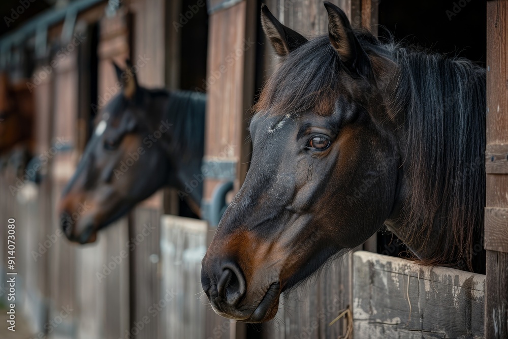 Fototapeta premium Horse head peeking over stable doors amidst other horses