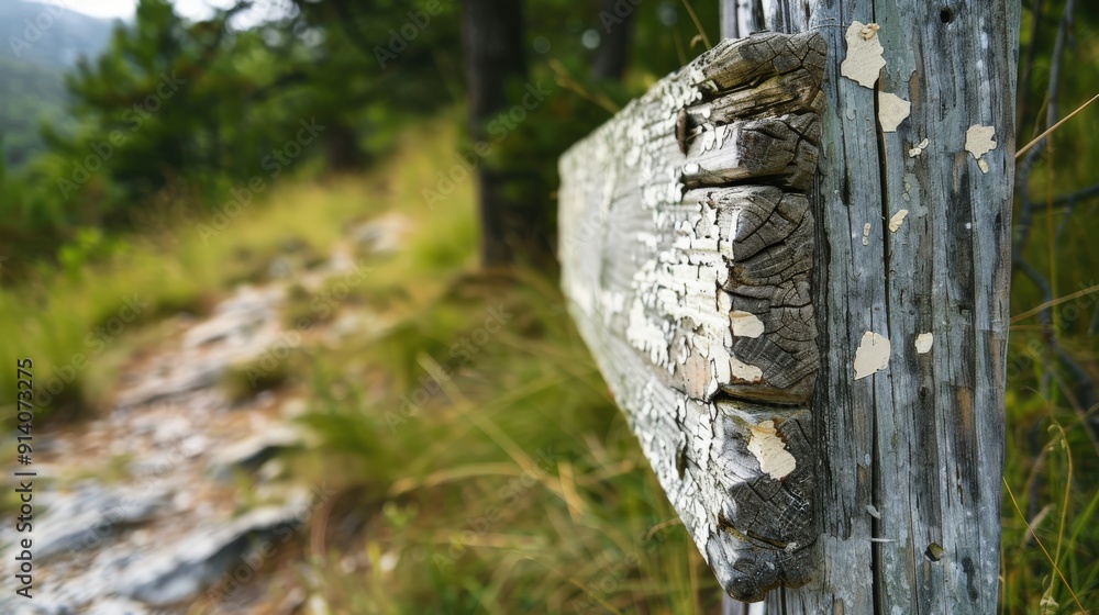 Weathered wooden signpost, paint chipping, on an old hiking trail Weathered wooden signpost, paint chipping, on an old hiking trail