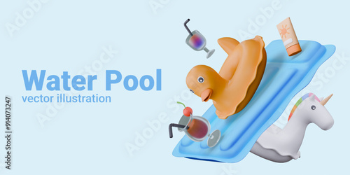 Fun advertising of water pool in 3D cartoon style. Commercial banner on blue background