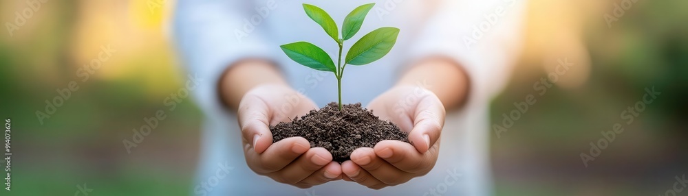 Nurturing green seedling in hands, symbolizing growth, sustainability, and care for the environment in a natural setting. Nurturing green seedling in hands, symbolizing growth, sustainability, and care for the environment in a natural setting.