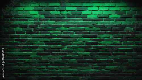 Moody Green Brick Wall with Neon Undertones. Dark and Vibrant Urban Background