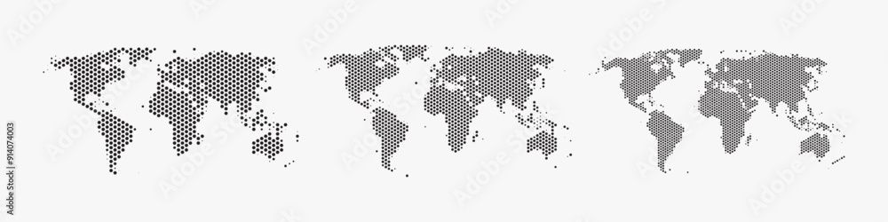 Set of flat earth world maps with hexagonal dots in different resolution. Round pixel pattern. Modern digital globe. Black dots on white background. Worldmap template for website, infographics, design Set of flat earth world maps with hexagonal dots in different resolution. Round pixel pattern. Modern digital globe. Black dots on white background. Worldmap template for website, infographics, design