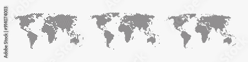 Set of flat earth world maps with hexagonal dots in different resolution. Round pixel pattern. Modern digital globe. Black dots on white background. Worldmap template for website, infographics, design