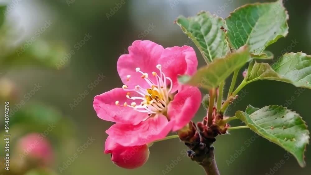 A vibrant pink flower blooming with delicate petals and green leaves A vibrant pink flower blooming with delicate petals and green leaves